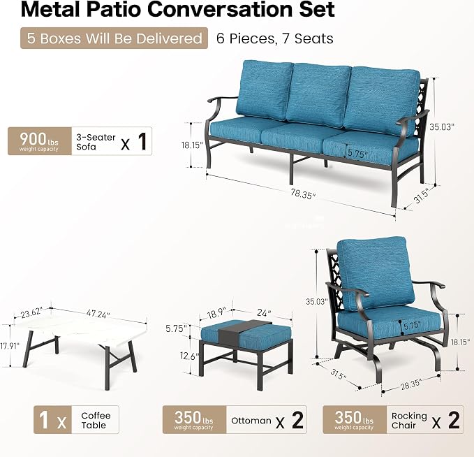 SUNSHINE VALLEY 6 Piece Metal Outdoor Patio Furniture Set, Patio Conversation Sets 3-seater Sofa, 2 Swivel Chair, 2 Ottomans with 5.75" Thick Cushion and Coffee Table, Black Backyard Furniture, Blue-2