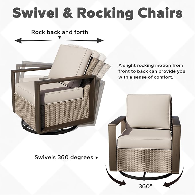 Joyside Outdoor Patio Swivel Rocker Chairs, 5 Pieces Wicker Furniture Set, 2 Swivel Rocking Chairs and 2 Ottoman, Metal Wide Armrest, Thick Cushions and Deep Seating for Garden, Backyard, Porch, Deck