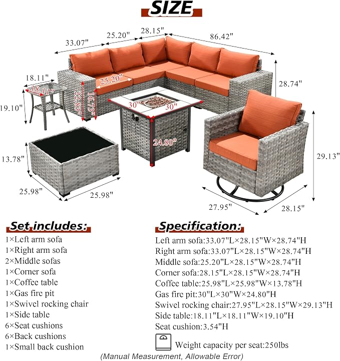 HOOOWOOO Outdoor Patio Sectional Furniture Sofa Set with Propane Gas Fire Pit Table,9 Piece Modern Wicker Couch with Swivel Chair,Modular L Shaped Conversation Seating Set with Wide Arm(Orange Red)