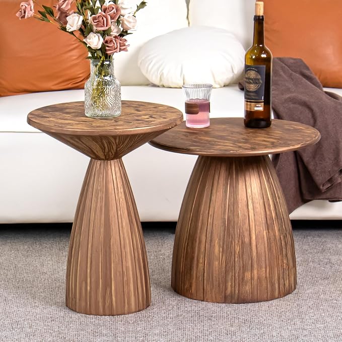 Round Small Patio Side Table Set of 2, Patio Furniture Accent End Table, Metal Steel Outdoor Side Table, for Garden, Pool, Yard, Balcony, Living Room, Deck, Weather Resistant, No Assembly, Wood Color