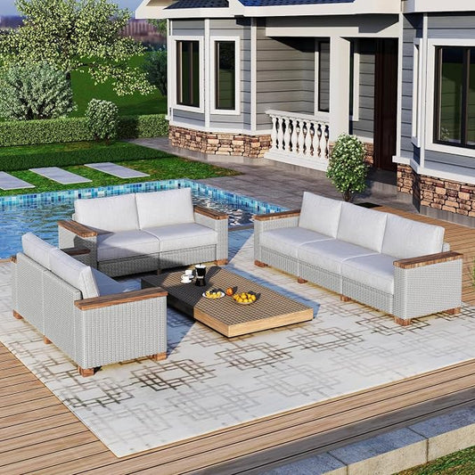 LUXOAK 7-Piece Outdoor Patio Sofa Set, PE Wicker Furniture with 5.9" Solid Wood Armrest, Deep Seating Sectional Conversation Set with Cushions for Backyard, Deck, Porch, Poolside, Garden