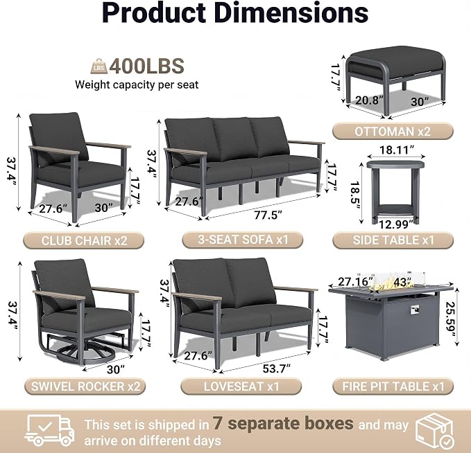 Aluminum Outdoor Patio Furniture Set, 10-Piece Sectional Sofa with 5.1" Thick Cushions, Swivel Rocking Chairs, 55,000 BTU Fire Pit Table, Outdoor Couch for Backyard, Deck, Black
