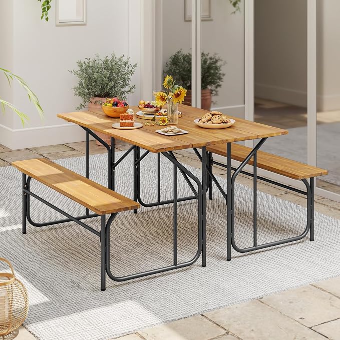 HAPPYGRILL Picnic Table Bench Set for 4, Acacia Wood Dining Table and Bench Set with Heavy Duty Metal Frame, for Patio, Porch, Garden and Backyard