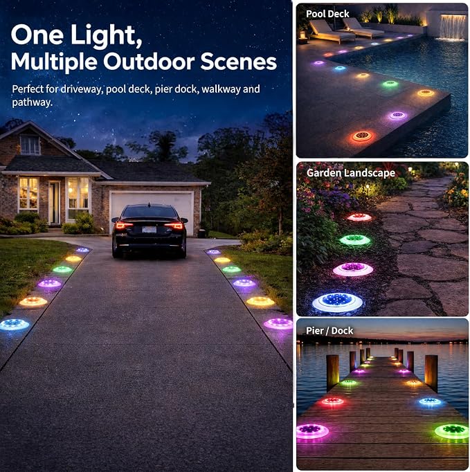 Solar Driveway Lights, 48 LEDs Deck Disc Light, RGB-W, 12Pk | 48 LEDs, Flat Low Profile, Outdoor Waterproof, Car Weight Bearing, Sundeck, Dock, Pool, Path, Sidewalk, 12-Color Changing