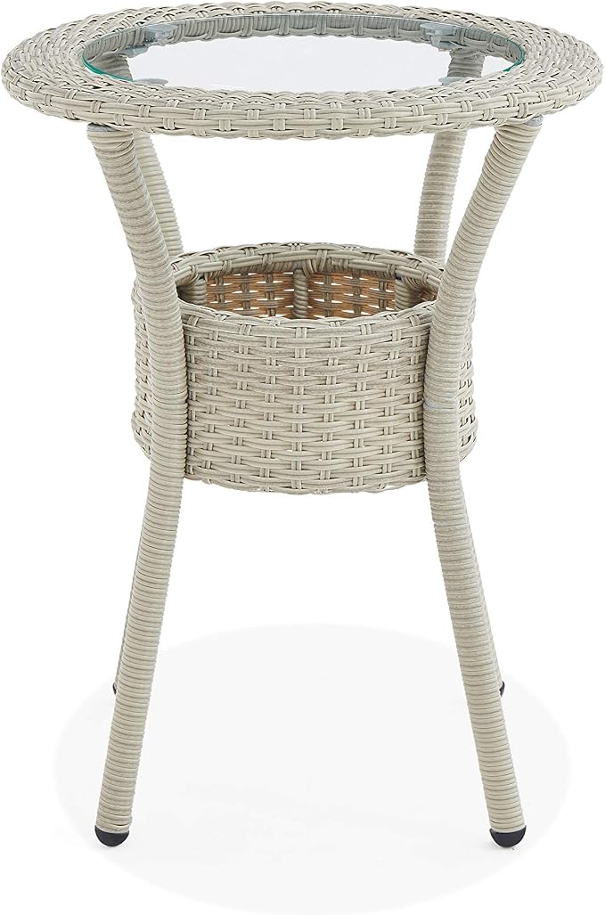 Modern and Weatherproof Haven All-Weather Wicker Outdoor Round Glass-Top Accent Table with Storage - Outdoor Furniture Patio Set & Metal - 20 in. W x 20 in. D x 26 in. H