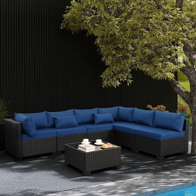 Lviden 7 Pieces Outdoor PE Wicker Furniture Set Patio Rattan Sectional Conversation Sofa Set with Navy Blue Cushions and Glass Top Table