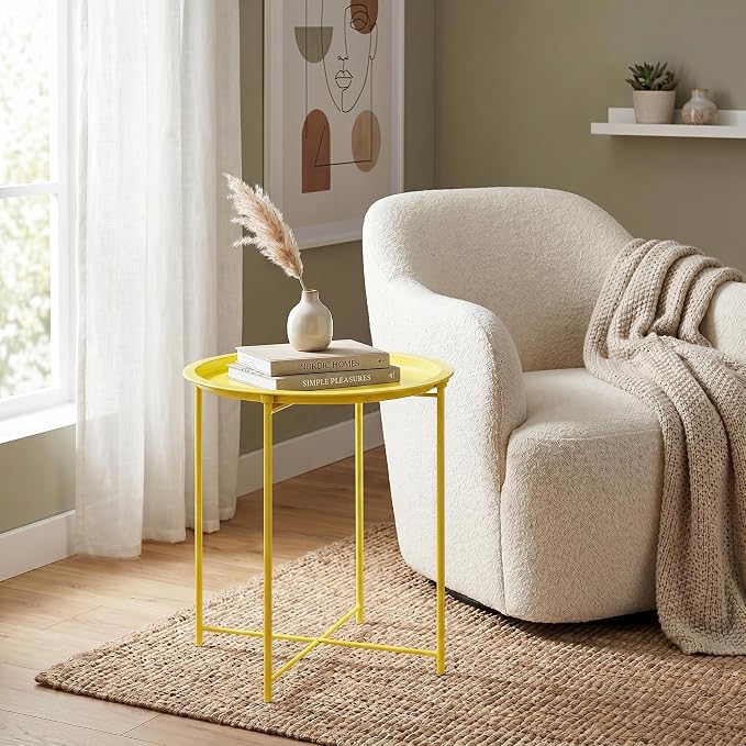 VECELO Side/End Table, Folding Round Metal Anti-Rust and Waterproof Outdoor or Indoor Tray for Living Room Bedroom Balcony and Office, 2 PCS, Yellow