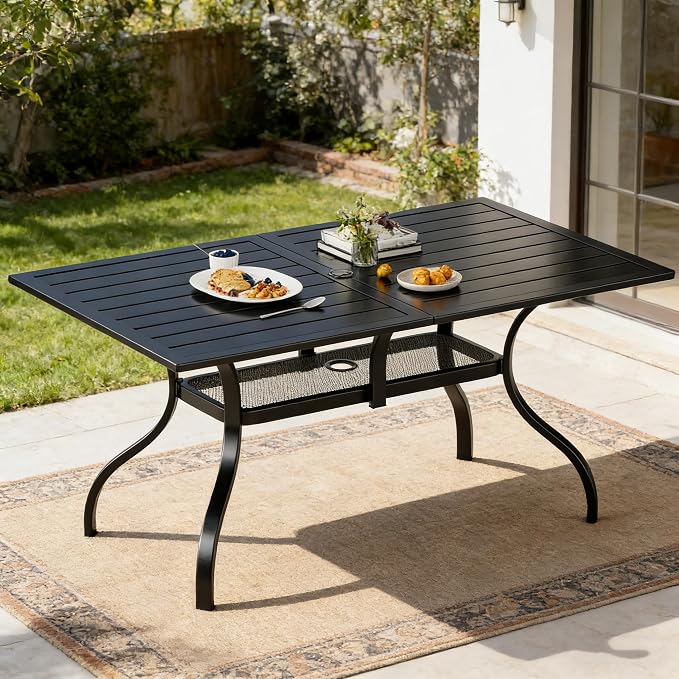 SUNCROWN 60"x37" Black Patio Outdoor Dining Table Metal Steel Slat Rectangular Bistro Table for Porch Deck Garden Backyard Poolside, 1.57" Umbrella Hole