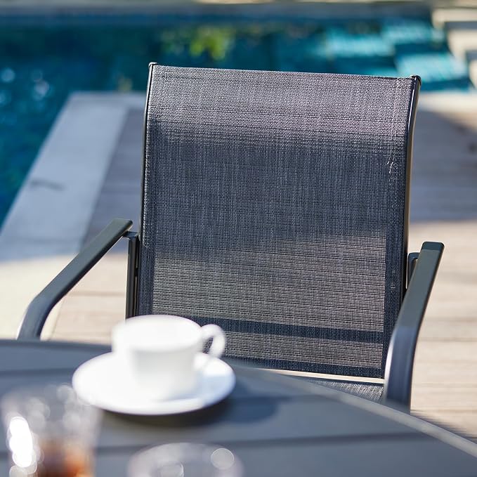 VICLLAX Outdoor Dining Set for 4, Patio Furniture Set of 4 Patio Stackable Dining Chairs and Outdoor Metal Square Table with Umbrella Hole for Backyard Lawn Garden, Dark Grey Chairs and Grey Table