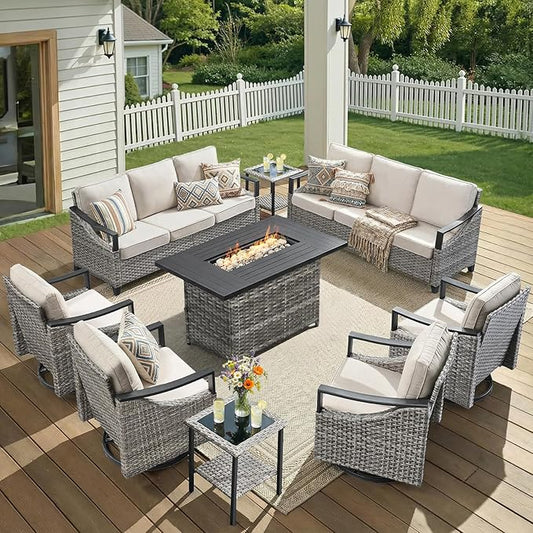 Patio Furniture Set with 42.5" Fire Pit Table-9 Pieces All Weather Wicker Outdoor Furniture with High Back Swivel Patio Chairs Set of 4 Outdoor Patio Conversation for Deck Garden Beige/Gray