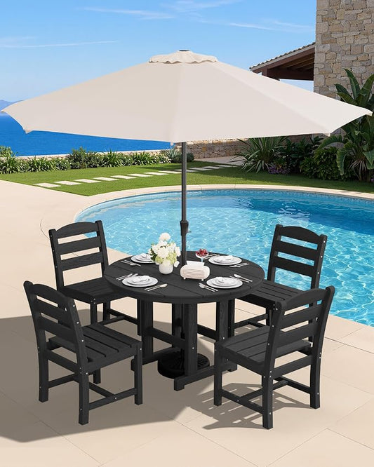 SERWALL Outdoor Round Dining Sets with Umbrella, HDPE Patio Table and Chairs Furniture Set, 45" Round Dining Table & 4 Armless Dining Chairs & 1 9FT Umbrella, Black(Not Include Umbrella Base)