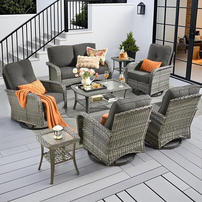 CAODOC 8-Piece Wicker Patio Furniture Set, All-Weather Rattan Conversation Bistro Loveseat Chair and Patio Rockers Set for Backyard, Balcony and Deck with Soft Cushions and Metal Table(Black)