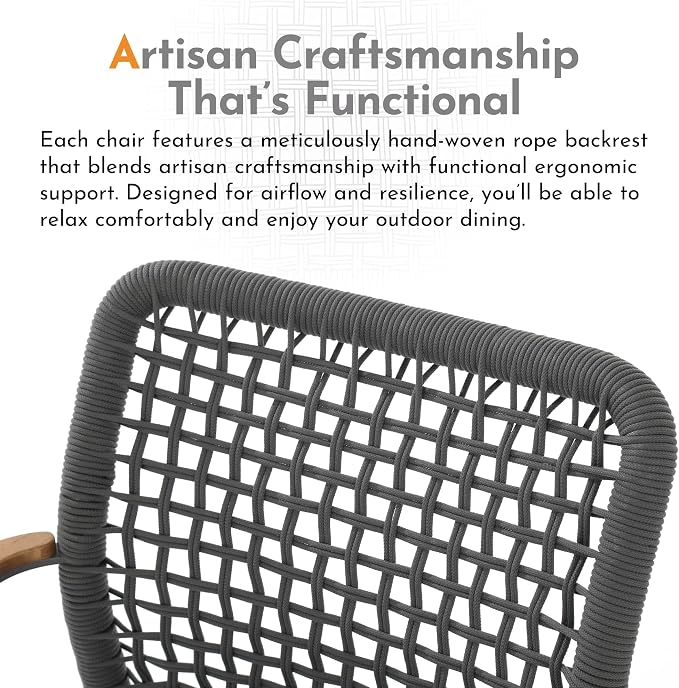 Modern Shade Riviera Outdoor Dining Chairs Set of 6, Fade Resistant, All-Aluminum Woven Rope Outdoor Chairs with FSC Teak Wood Armrests, Weather-Resistant Patio Chair with Quick Dry Cushion, Gray