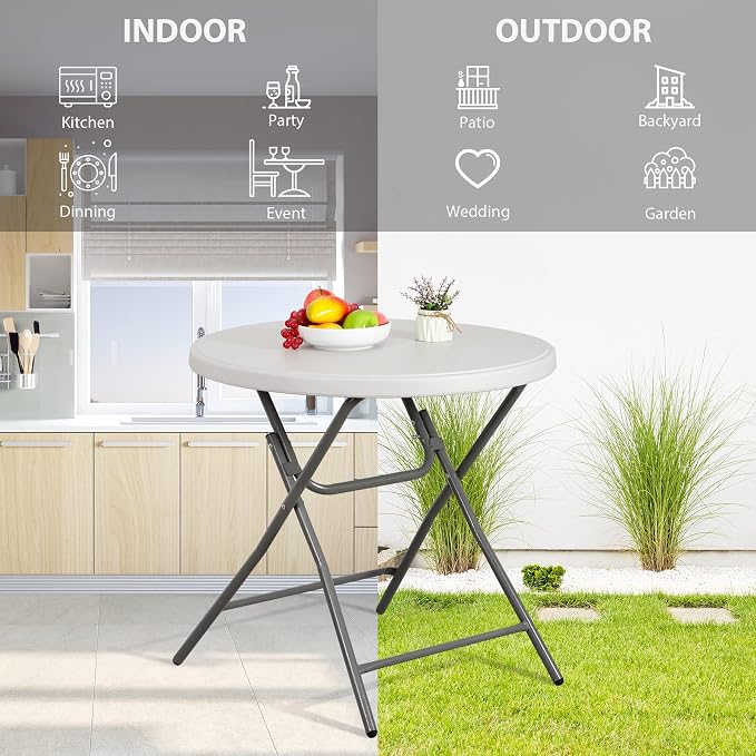 32 Inch Round Folding Table, Heavy Duty Folding 2.6FT Plastic Table for Outdoor Indoor, Metal Frame Thick Table Top Camping Picnic Table, White