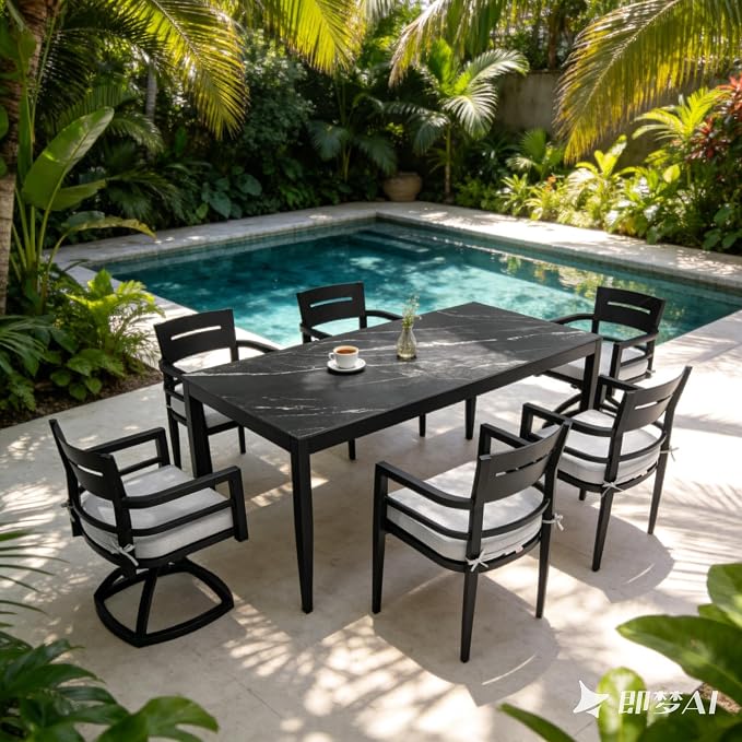 7PC Aluminum Outdoor Patio Dining Set, 71" Rectangular Dining Table with Black Marble Sintered Stone Top, 4 Chairs & 2 Cushioned Swivel Rockers, All-Weather Patio Furniture
