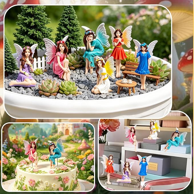 Exasinine 6 Pcs Fairy Figurines 4 Inch Colorful Fairies for Fairy Garden | 6 Hand-Painted 4-Inch Resin Fairy Figurines, Assorted Poses for Fairy Gardens, Flower Beds, Planters and Tabletop Decor