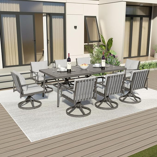 9-Piece Outdoor Dining Set for 8, Aluminum Dining Set with Cushions, 8 Swivel Chairs with Rope Backrest, Large Rectangular Table with Umbrella Hole, Patio Dining Set for Lawn Porch Yard,Grey