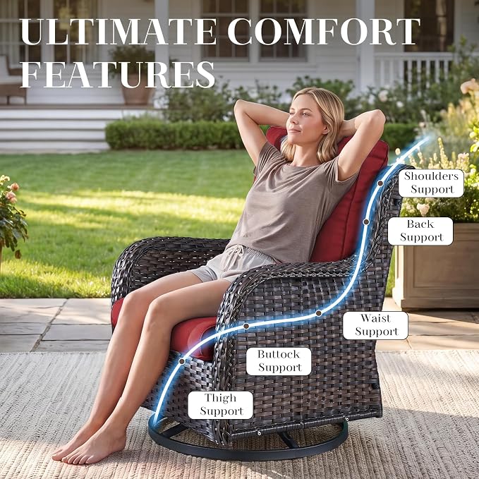 Rilyson Wicker Rocking Chair Swivel Chairs - 2 Piece Rocker Patio Chairs Set Rattan Rocking Chair for Outdoor Porch Deck Garden Backyard (Brown/Red)
