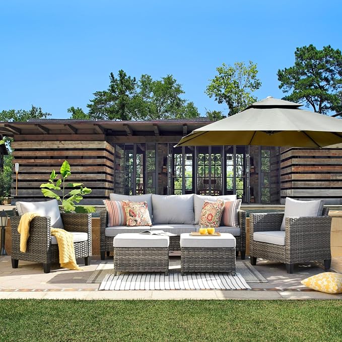 ovios 5 Pieces Patio Furniture Set, Outdoor Wicker Rattan Sofa Couch with Ottomans Comfy Cushions, Modern Conversation Set for Deck Backyard Porch, Grey