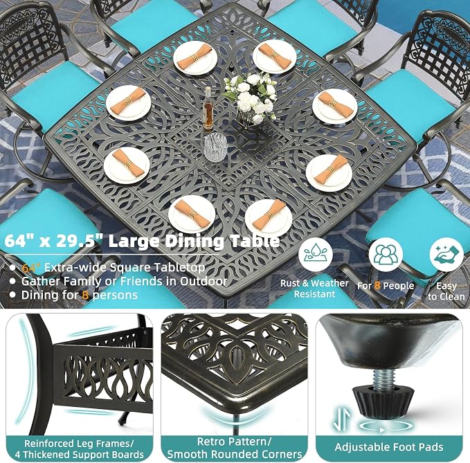 MEETWARM 9-Piece Outdoor Patio Dining Set, All Weather Cast Aluminum Patio Funiture Table and Chairs Set- Large 64" Square Table, 8 Cushioned Swivel Rocker Chairs for Garden, Umbrella Hole, Ocean Blue
