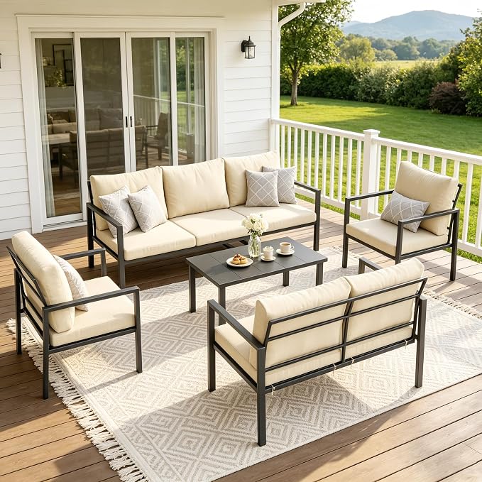5 Pieces Metal Patio Furniture Set Deck Outdoor Furniture 7-Seat Patio Conversation Sets All-Weather Rust-Proof Sectional Sofa Set with Removable Cushion for Deck, Balcony, Yard, Poolside