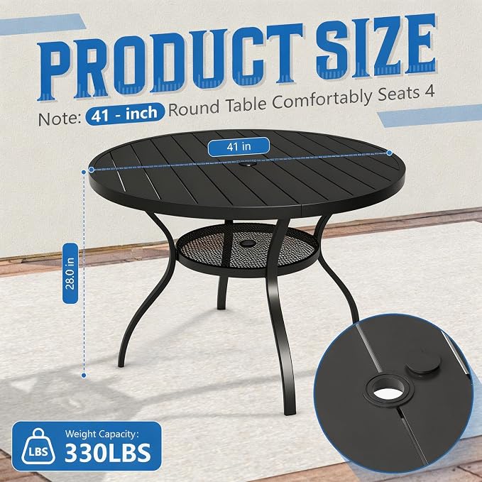 Incbruce Patio Dining Table, 41" Round Table Metal Steel Slat Table with 1.57" Umbrella Hole, for Backyards, Porches, Gardens, or Poolside