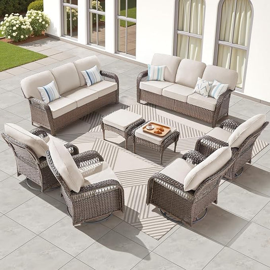 8 PCS Patio Furniture Set Outdoor Sectional Sofa Couch with Rocking Swivel Chairs 5" Deep Seat Chairs, Modern Wicker Rattan Conversation Set, Beige/Brown Wicker