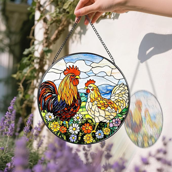 Stained Glass Window Hanging, Stained Glass Suncatcher, 8" Chickens in Flowers Garden Suncatchers for Windows Hanging, Sun Catchers Indoor Window | Gifts for Farm Lovers, Gifts for Chicken Lovers
