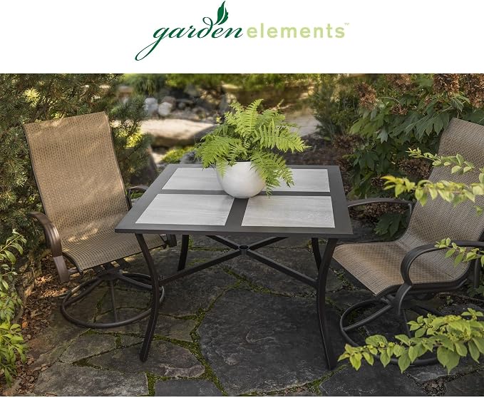 Garden Elements Outdoor Patio Dining Set, Square Aluminum Table with Drop Porcelain Tiles, Brown and Grey, 40"