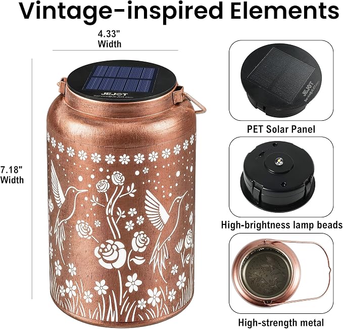 JEJOT Hummingbird Solar Lanterns Outdoor Waterproof,Birthday Gift for Women | Gifts for Mom Grandma, Metal Hanging Solar Light for Yard Garden Porch Landscape Deconration-1Pack