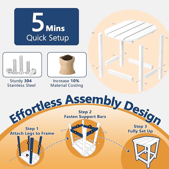 Outdoor 18" HDPE Side Table for Patio Porch Pool, Weather Resistant Standard End Table for Backyard and Indoor, Easy Maintenance & Indoor Outdoor Durable Construction(White)