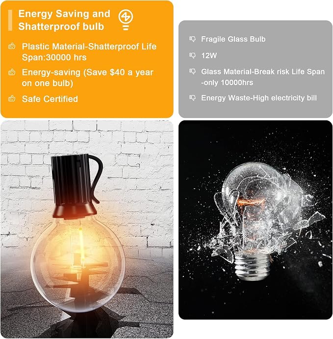 OHLUX Outdoor String Lights, 55FT Shatterproof LED Patio Lights with 26 Dimmable Plastic G40 Bulbs, 2200K Waterproof Connectable Hanging String for Backyard Cafe Porch Deck E12 Base