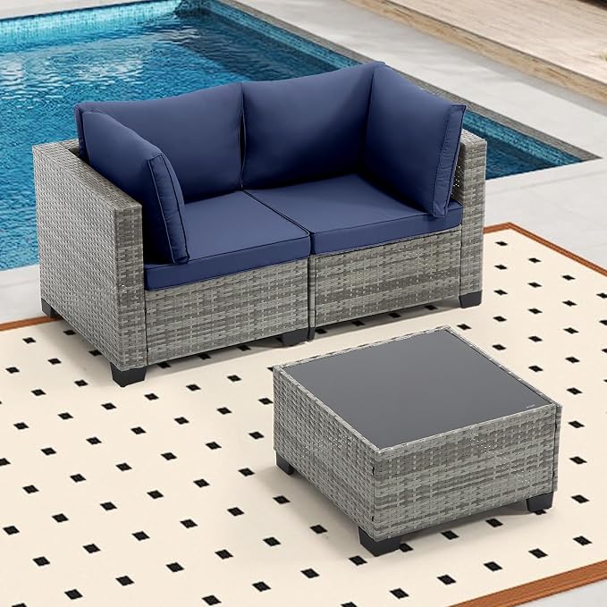 Bonzy Home 3 Pieces Outdoor Patio Furniture Set, PE Rattan Outdoor Sectional Furniture Sofa Set with Removable Cover and Glass Coffee Table, Patio Sofa for Balcony, Porch, Garden, (Grey-Navy Blue)