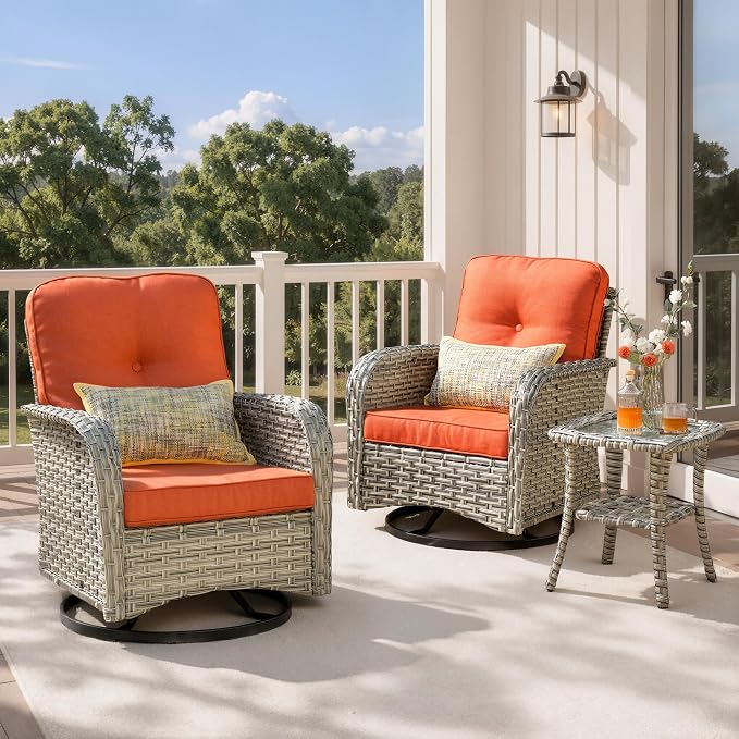 Outdoor Swivel Rocking Chair Set of 2 with Coffee Table, Wicker Patio Glider Chairs with 4 Inch Thick Cushions, 350lbs Capacity High Back Rattan Furniture Set for Sunroom and Small Spaces, Red