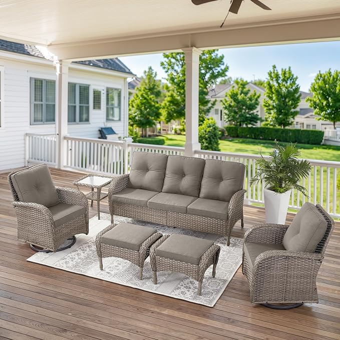 Belord 6 Pieces Wicker Patio Furniture Set - Swivel Rocker Outdoor Chairs with Outdoor Couch and Side Table, All-Weather Patio Conversation Set for Sunroom Deck Backyard