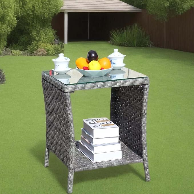 Wicker Rattan Side Table, Outdoor Square Rattan Coffee End Table with Tempered Glass Top and Storage for Patio Porch Lawn (B-Gray)