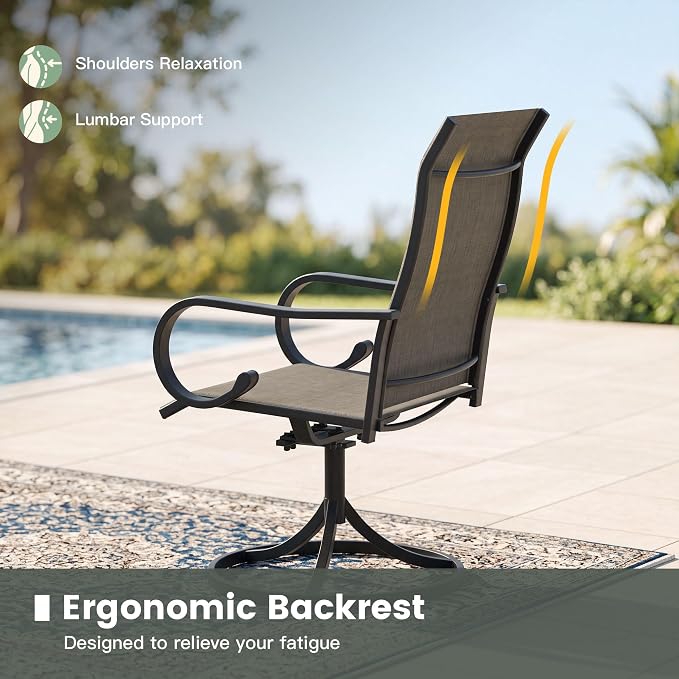 7 Pieces Patio Dining Set, 6 Outdoor Swivel Dining Chairs with 50" Round Metal Outdoor Dining Table with Umbrella Hole for Garden Backyard Deck, Mixed Brown & Black