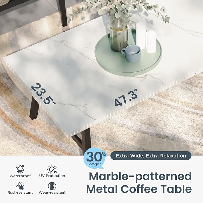 PHI VILLA 6 Piece Patio Furniture Sets with 1 x 3 Seater Padded Deep Seating Bench, 2 x C-Base Cushioned Sofa Chairs, 2 x Leg Sofa Chairs and 1 x Coffee Table, Outdoor Metal Furniture Set for 7