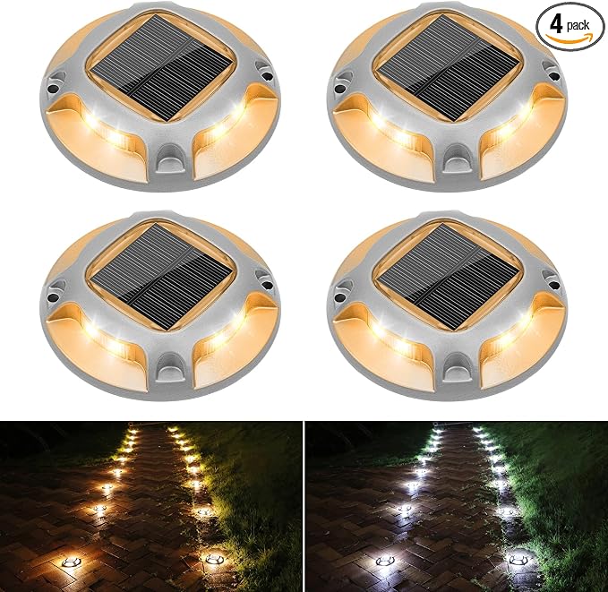 VOLISUN Solar Driveway Marker Lights Dock Marine Led Deck Outdoor 4 Pack | 2 Colors in 1,Solar Powered Waterproof Warning Step Lights for Pathway Garden Sidewalk(White/Warm White)