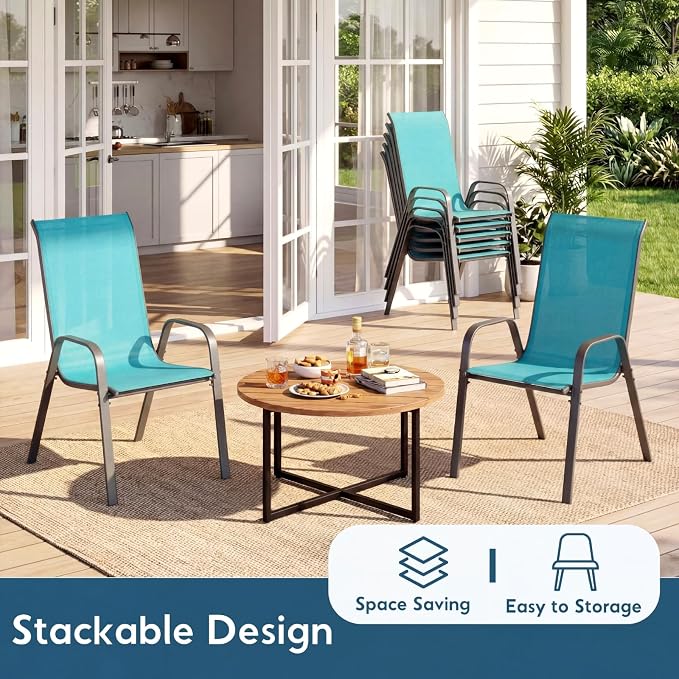 Arlopu 7-Piece Outdoor Table and Chairs for 6, Outdoor Dining Set W/Rectangle Glass Table and 6 Patio Textilene Stackable Chairs, Patio Furniture Set W/Umbrella Hole (Grey Table & Sky Blue)