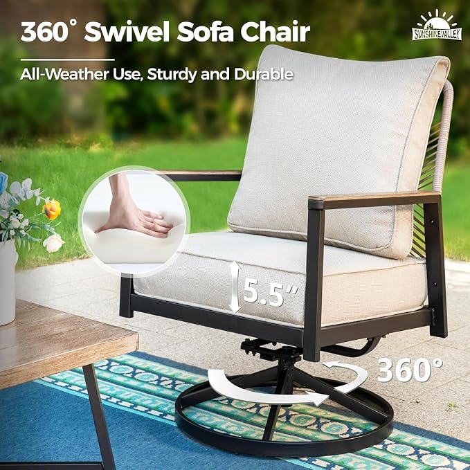 SUNSHINE VALLEY 4 Piece Patio Furniture Set with Swivel Chairs, High Back Rope Rattan Outdoor Conversation Set with Extra Thick Cushion and Coffee Table for Lawn Garden Backyard and Deck