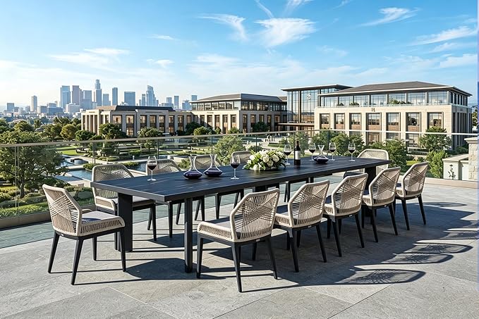 PURPLE LEAF 13 Pieces Patio Dining Set Aluminum Rectangular Table and Wicker Chairs with Cushions for Kitchen Porch Garden Modern Outdoor Furniture Sets, Dark Grey