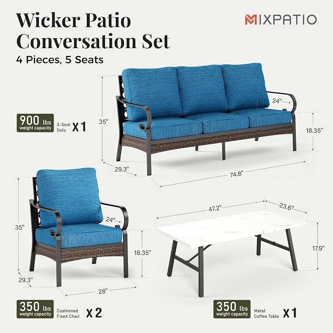 MIXPATIO Patio Furniture Set with Coffee Table, Outdoor Conversation Set with 2 x Fixed Chairs, 1 x 3-Seat Sofa for Lawn Garden Backyard, Pacific Blue