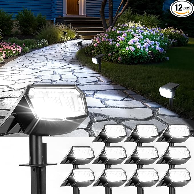 Solar Spot Lights Outdoor Waterproof, Solar Spotlights 12 Pack Cool White | 63 LED 3 Lighting Modes Solar Landscape Spotlights for Yard, Garden, Backyard, Driveway, Pathway, Wall, House, Garage