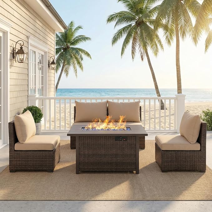 5 Pieces Patio Furniture Set with Fire Pit Table, Outdoor PE Rattan Sectional Sofa with Soft Cushions for Backyard, Porch, and Poolside (Beige, 5 PCS w/Firepit)