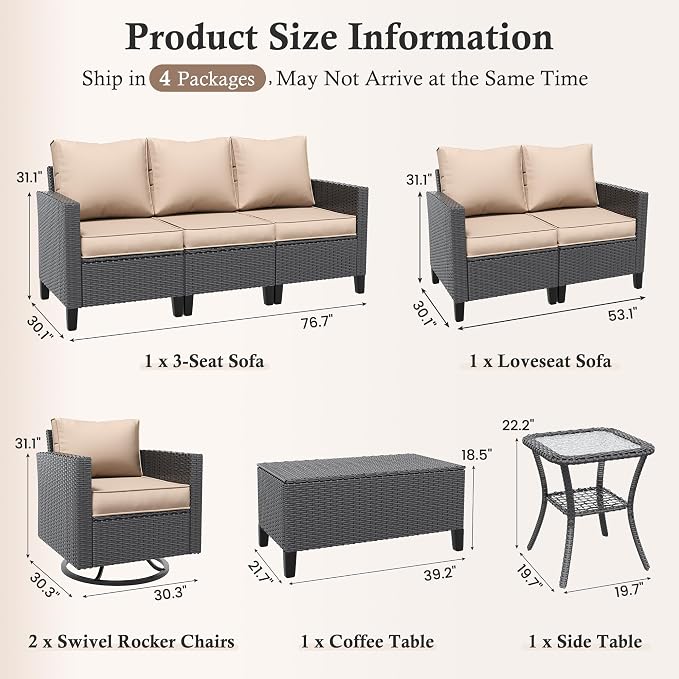 Amopatio Patio Furniture Set, Wicker Outdoor Sectional Sofa with Swivel Rocker Chairs, All-Weather Rattan Conversation Set, Storage Coffee Table, Waterproof Cover for Backyard,Deck Black/Khak 6 PCS