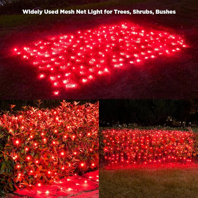 Led Net Lights Christmas Lights Outdoor 200Leds 9ft x 6ft Upgraded Red Christmas Net Lighting, Waterproof 5mm LED Wide Angle Outdoor Indoor Mesh Net Light for Trees, Bushes, Shrubs Decorations