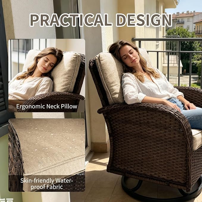 Outdoor Swivel Rocker Patio Chairs (Brown Wicker/Khaki Cushion, 7PC/Sofa & Swivel &2 Table & Ottomans)