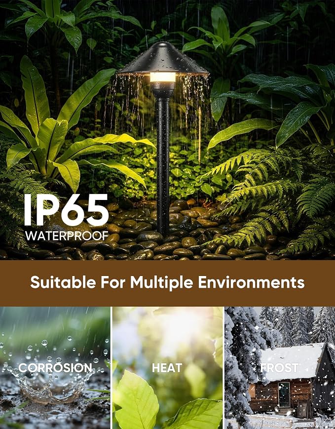 Low Voltage Landscape Lighting 6-Pack, Aluminum 12V Pathway Lights with G4 Bulbs, Waterproof Stylish Matte Black Color Round Shade Path Lights with Connectors for Walkway Yard Garden
