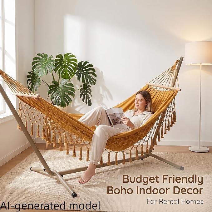 Bohemian Canvas Hammock with Tassels, Brown, 79"x39" | Soft Breathable Cotton Canvas Hammock,79x39in,2 Hanging Straps Wooden Bar;3 colors,compact for students renters dorm balcony
